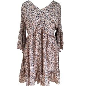 ManyDress light pink with blue and white flowers, bell sleeve dress, size M, EUC